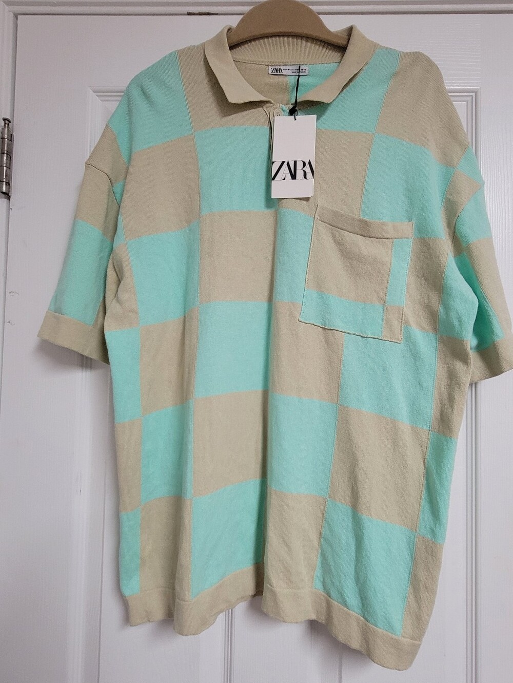 Zara NWT Mint and Beige Checkerboard Short Sleeve Polo Size S-M.